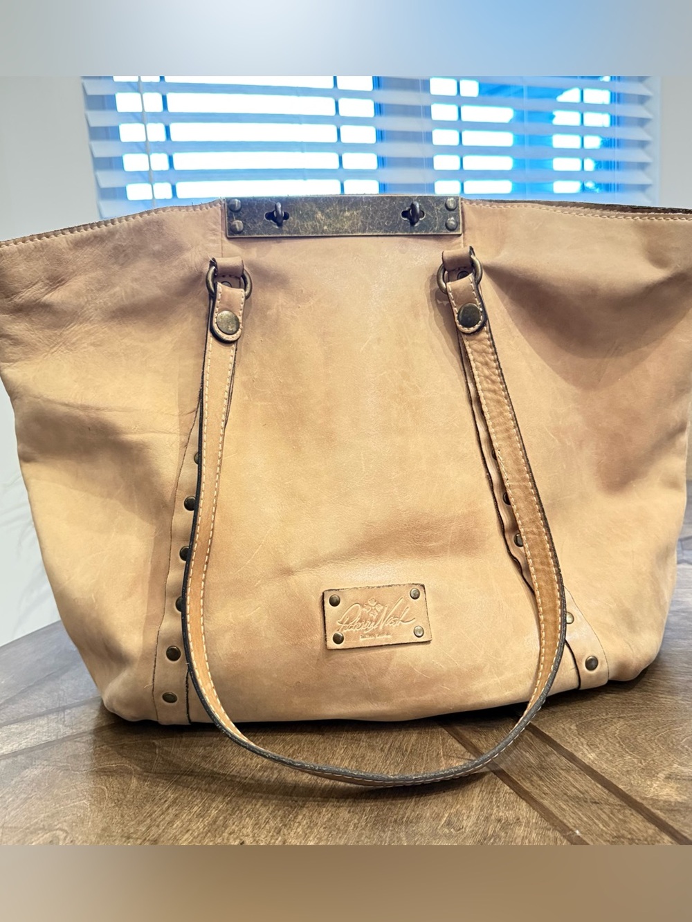 Patricia Nash Tan Distressed Leather Studded Tote Bag Antique Brass Trim